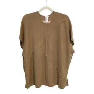 J Jill Size M/L Brown Knit Poncho Cotton Yak Hair Oversized Fringed Boho